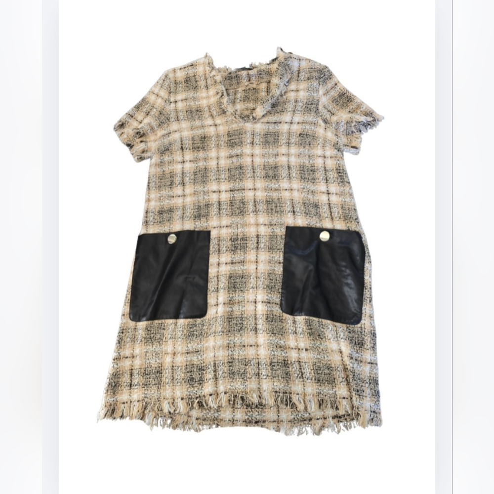 ZARA Fray Tweed Dress Size Medium Plaid Faux Leather Pockets Gold Black Shift